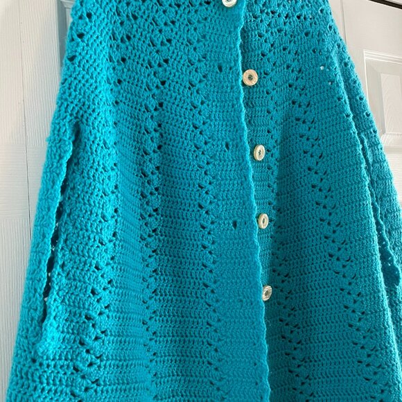 Vintage 70s Crochet Poncho Handmade Turquoise Blue Boho - Picture 5 of 11